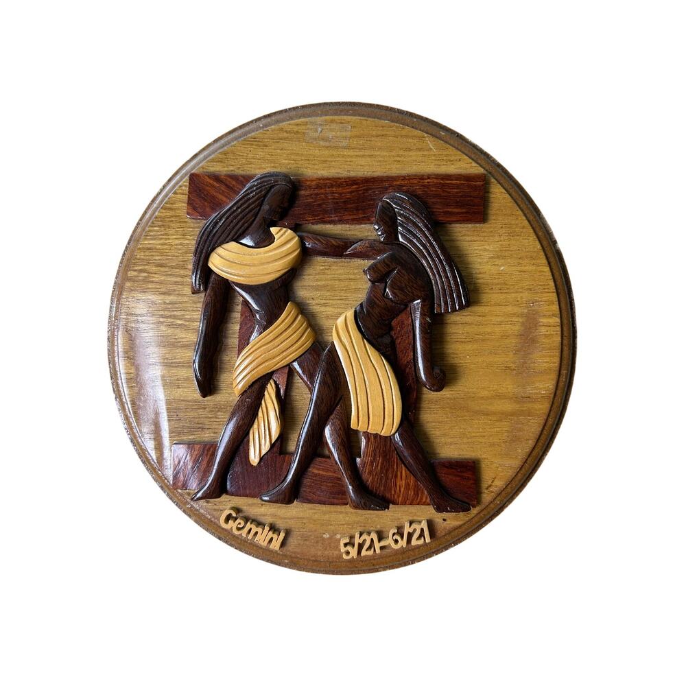 Vintage Handmade Wood Plaque Picture Gemiini‎ Zodiac Astrology 8.5"